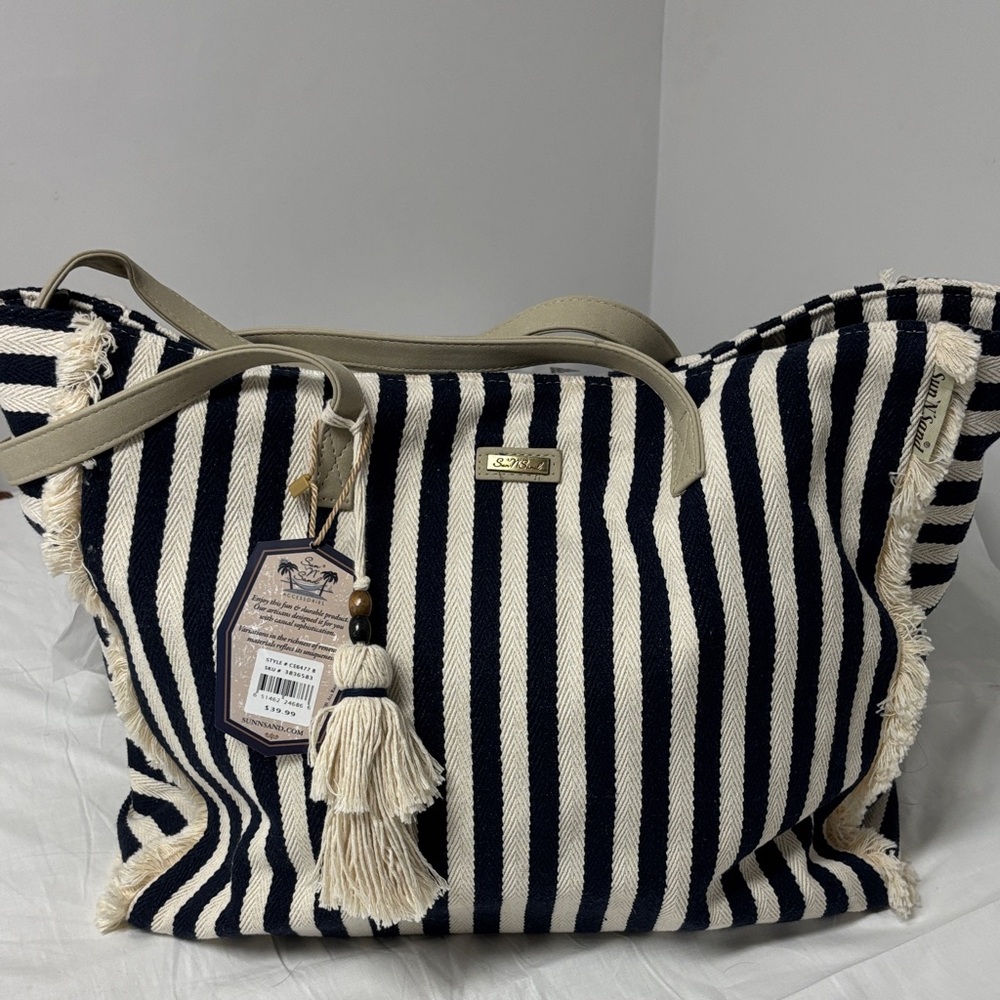 Roxy Navy and Cream Striped Tote with Tassel